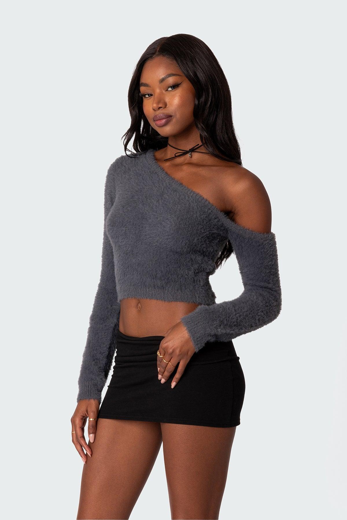 Frannie One Shoulder Fuzzy Knit Top Product Image