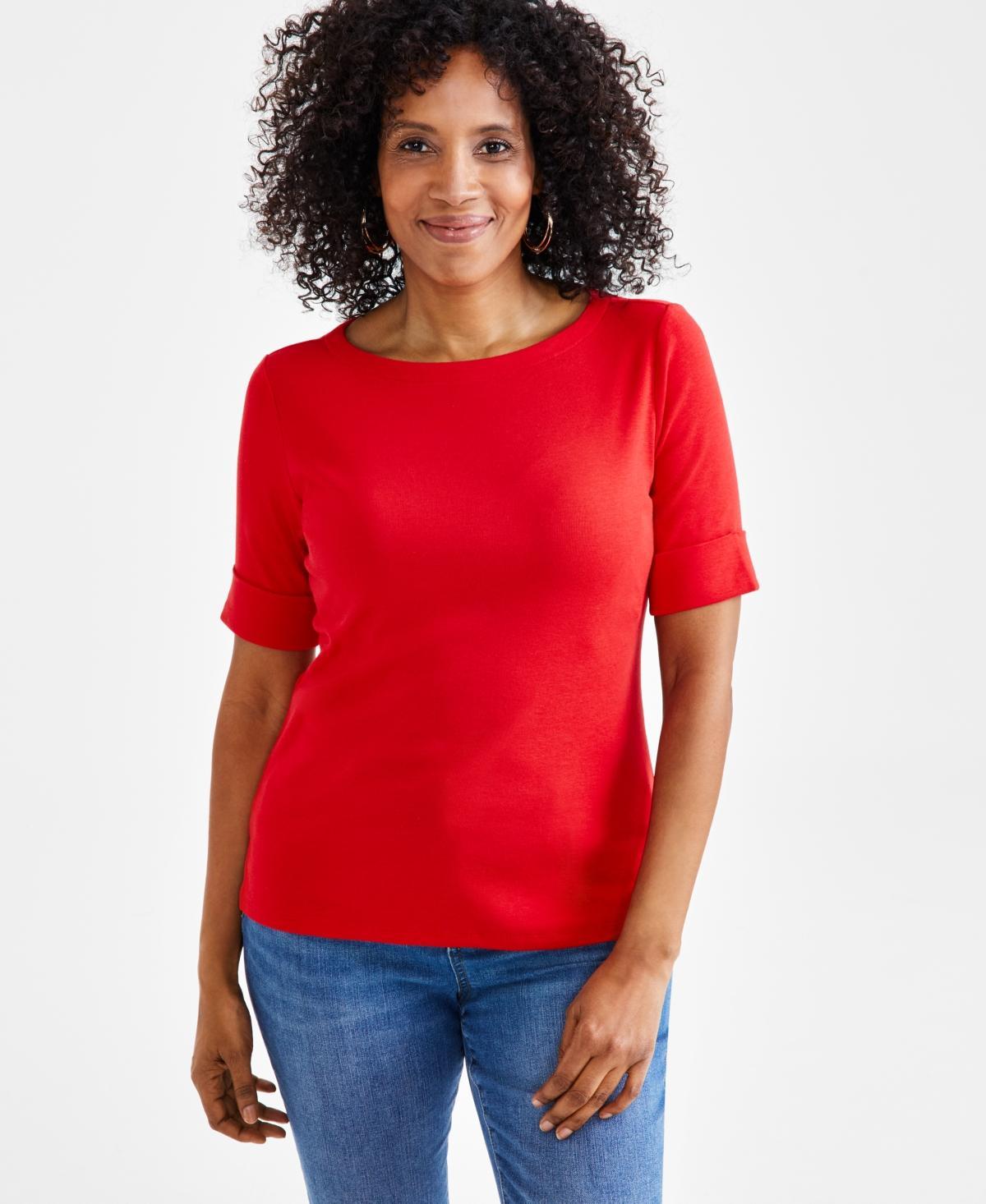 Style & Co Petite Cotton Elbow-Sleeve Boat-Neck Top, Created for Macys Product Image