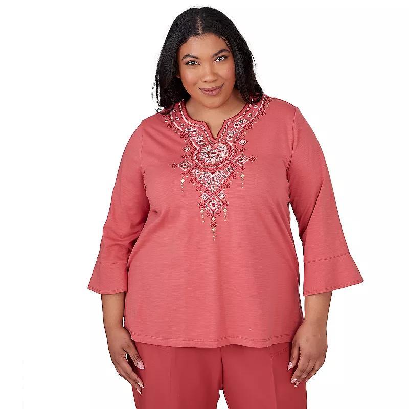 Plus Size Alfred Dunner Floral Medallion Embroidered Split Neck Top, Womens Product Image