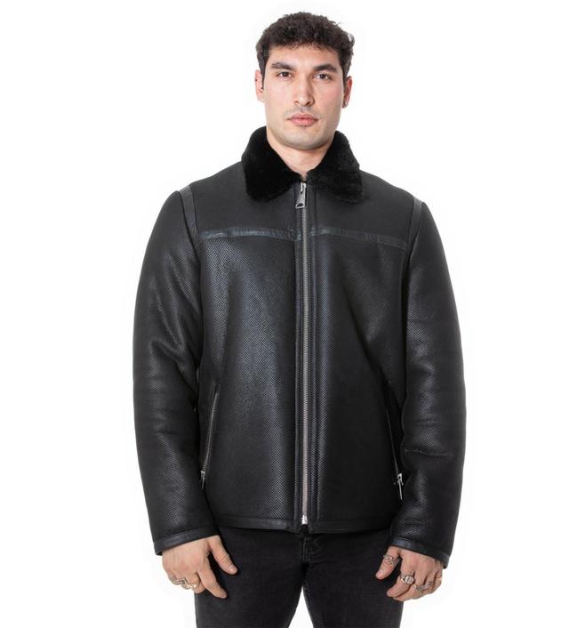 Mens Leather Banded Sheepskin Casual Jacket, Geo Pattern Wool - Black Product Image