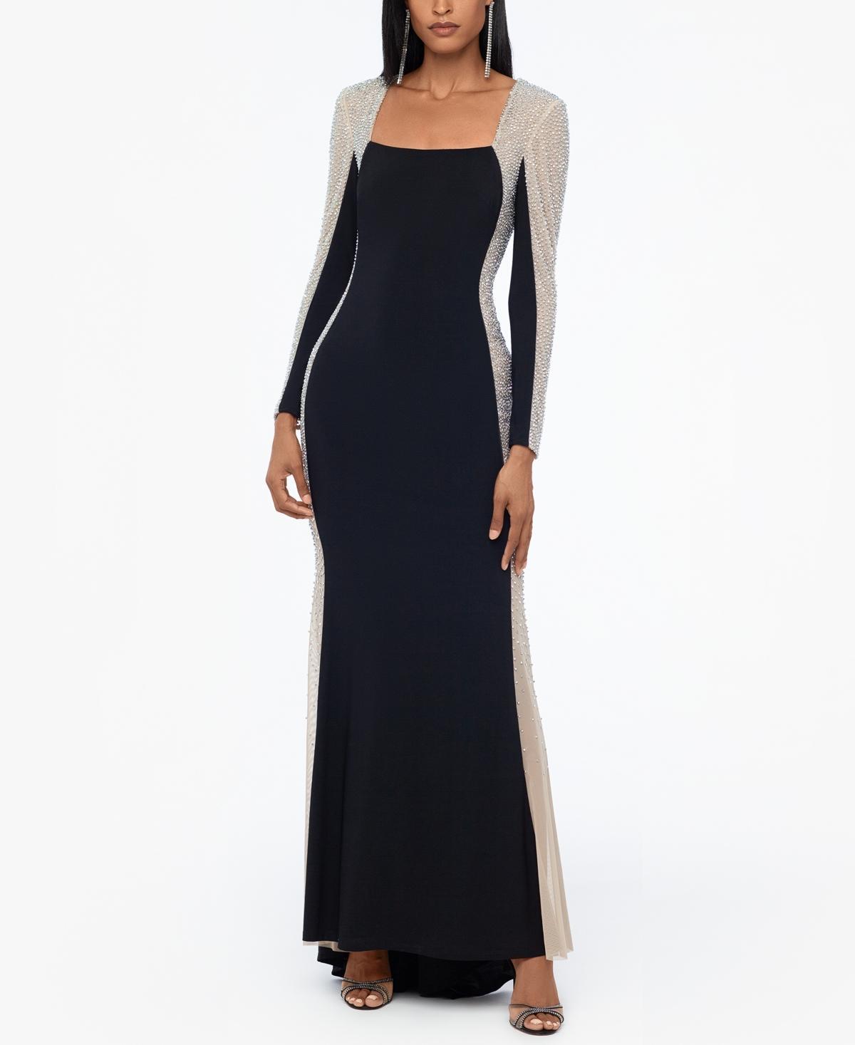 Xscape Petite Size Long Sleeve Square Neck Caviar Beaded Mesh Panels Sheath Gown Product Image