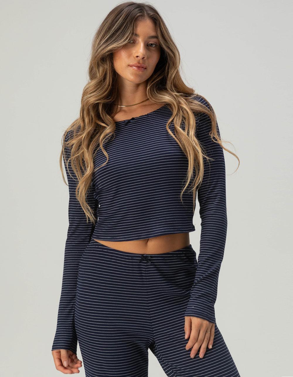 FULL TILT Rib Picot Trim Womens Long Sleeve Stripe Tee Product Image