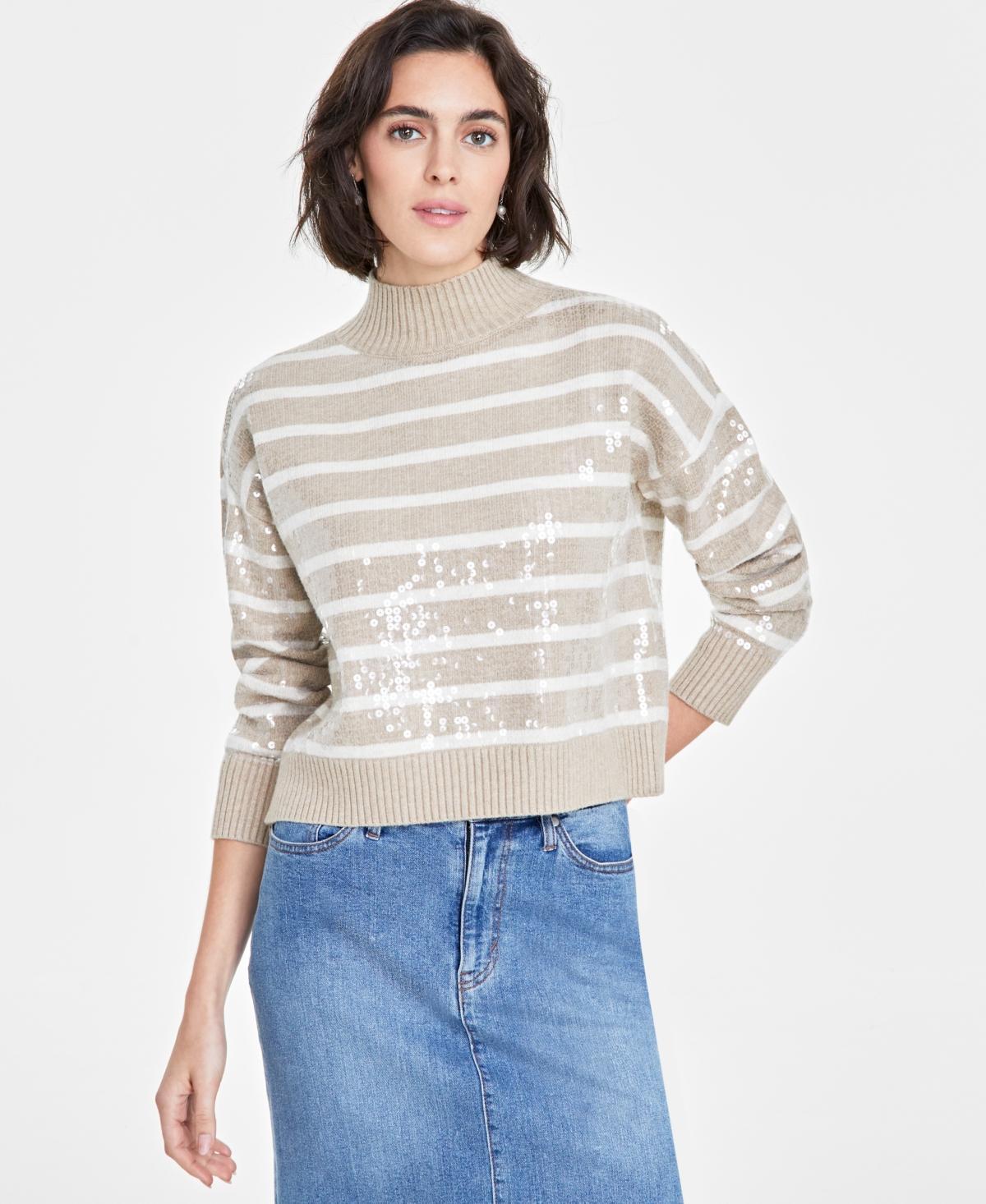 On 34th Womens Sequined Striped Mock-Neck Sweater, Created for Macys Product Image