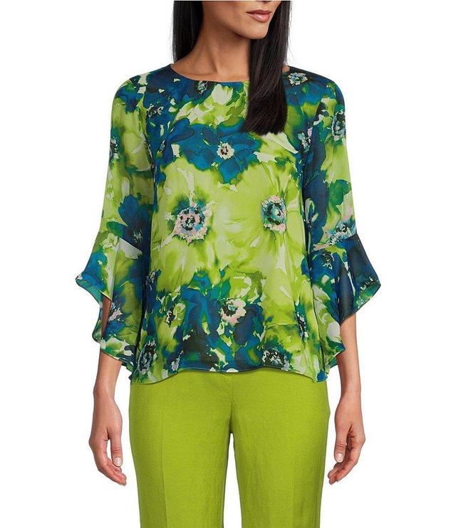 Kasper Printed Crew Neck Ruffle 3/4 Sleeve Blouse Product Image