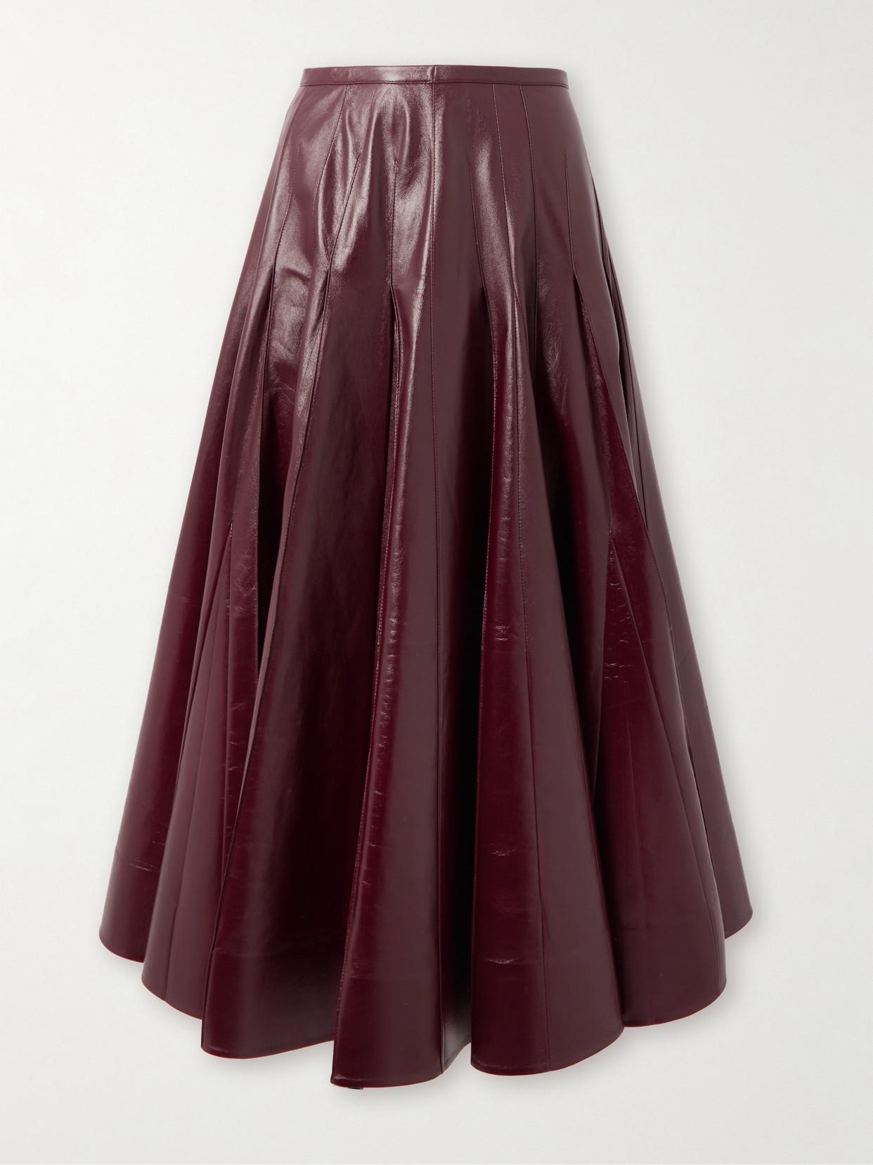 Pleated Leather Maxi Skirt In Burgundy Product Image