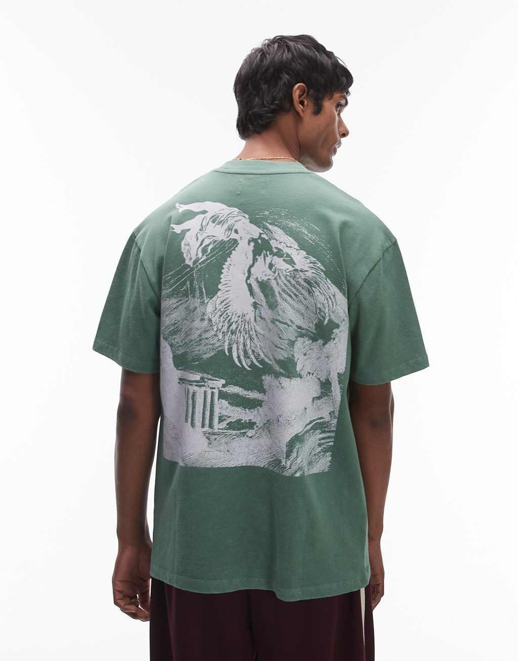 Topman premium oversized fit t-shirt with icarus print in washed sage Product Image