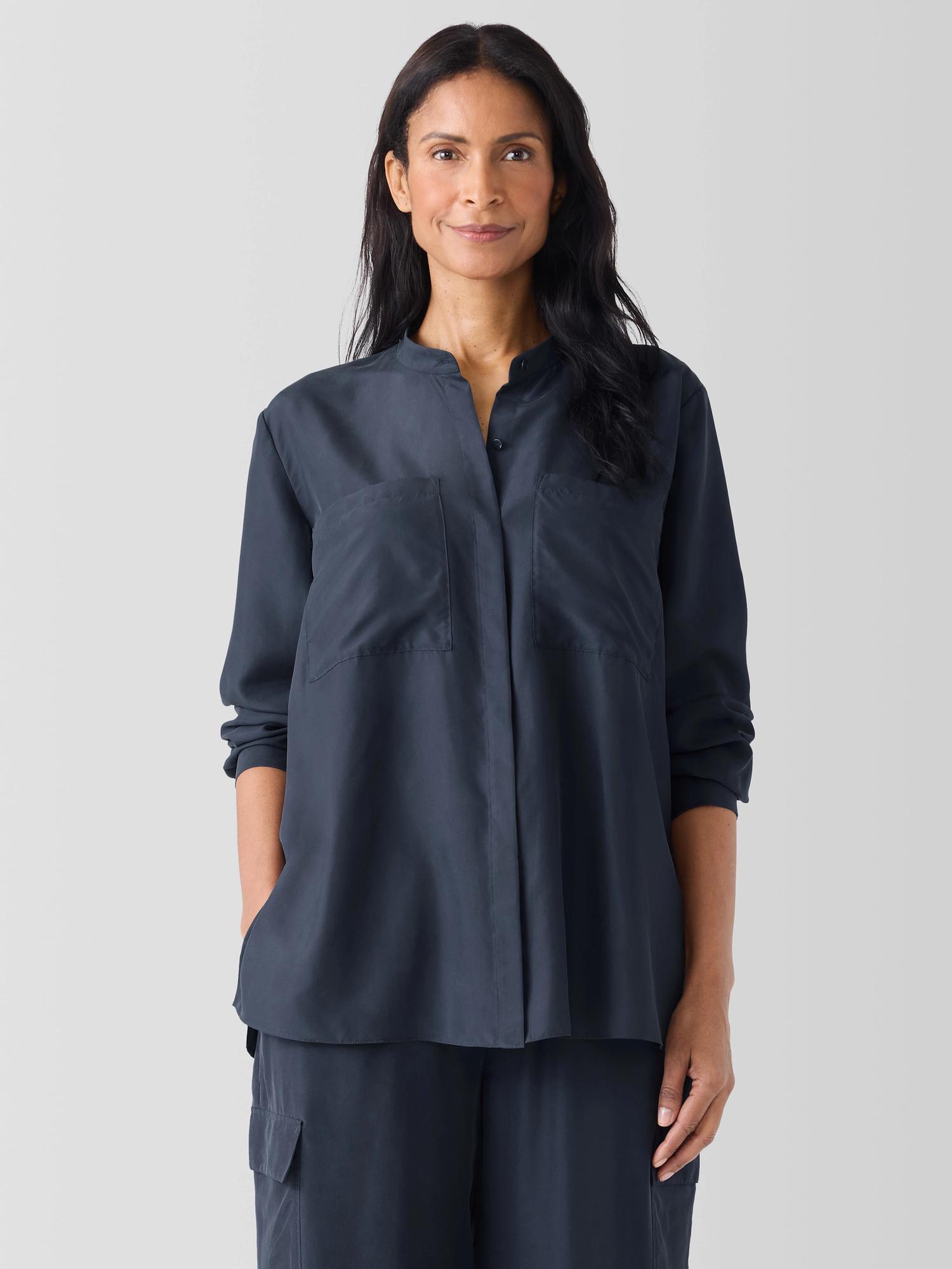 EILEEN FISHER Washed Silk Band Collar Shirtfemale Product Image