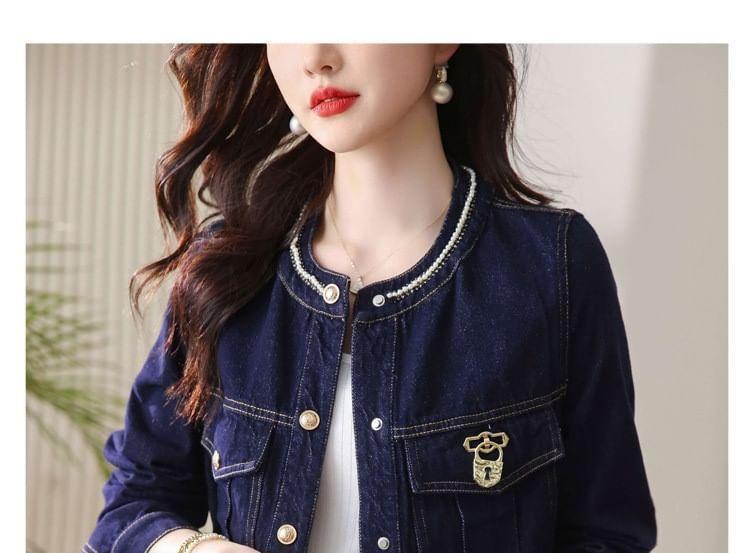 Faux Pearl Button-Up Denim Jacket Product Image