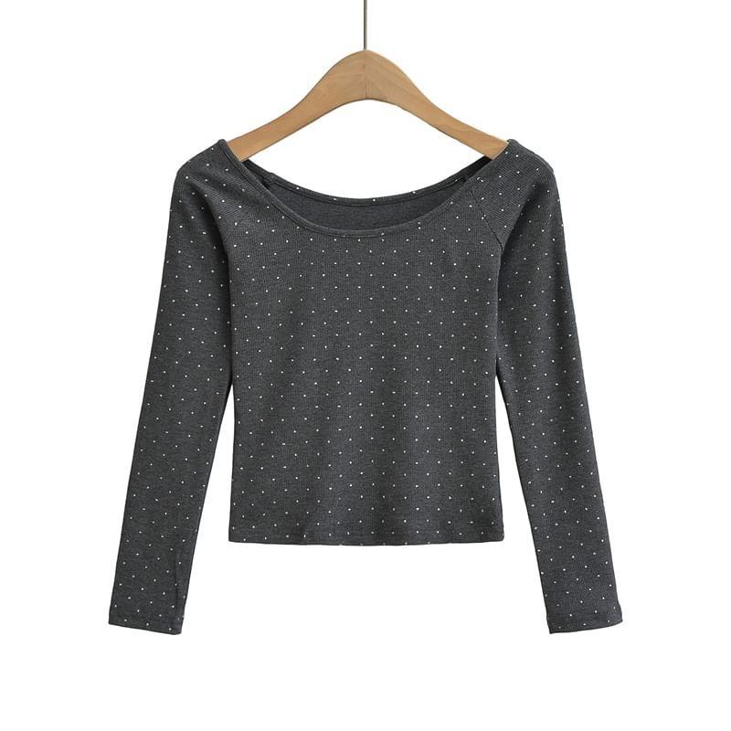 Long Sleeve Round Neck Dotted Cropped T-Shirt Product Image