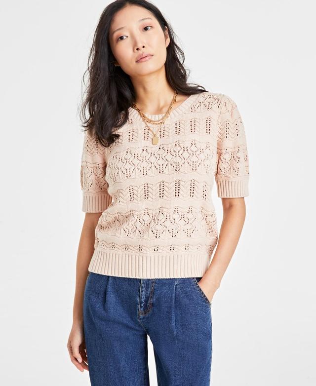 On 34th Womens Pointelle-Knit Short-Sleeve Sweater, Created for Macys Product Image