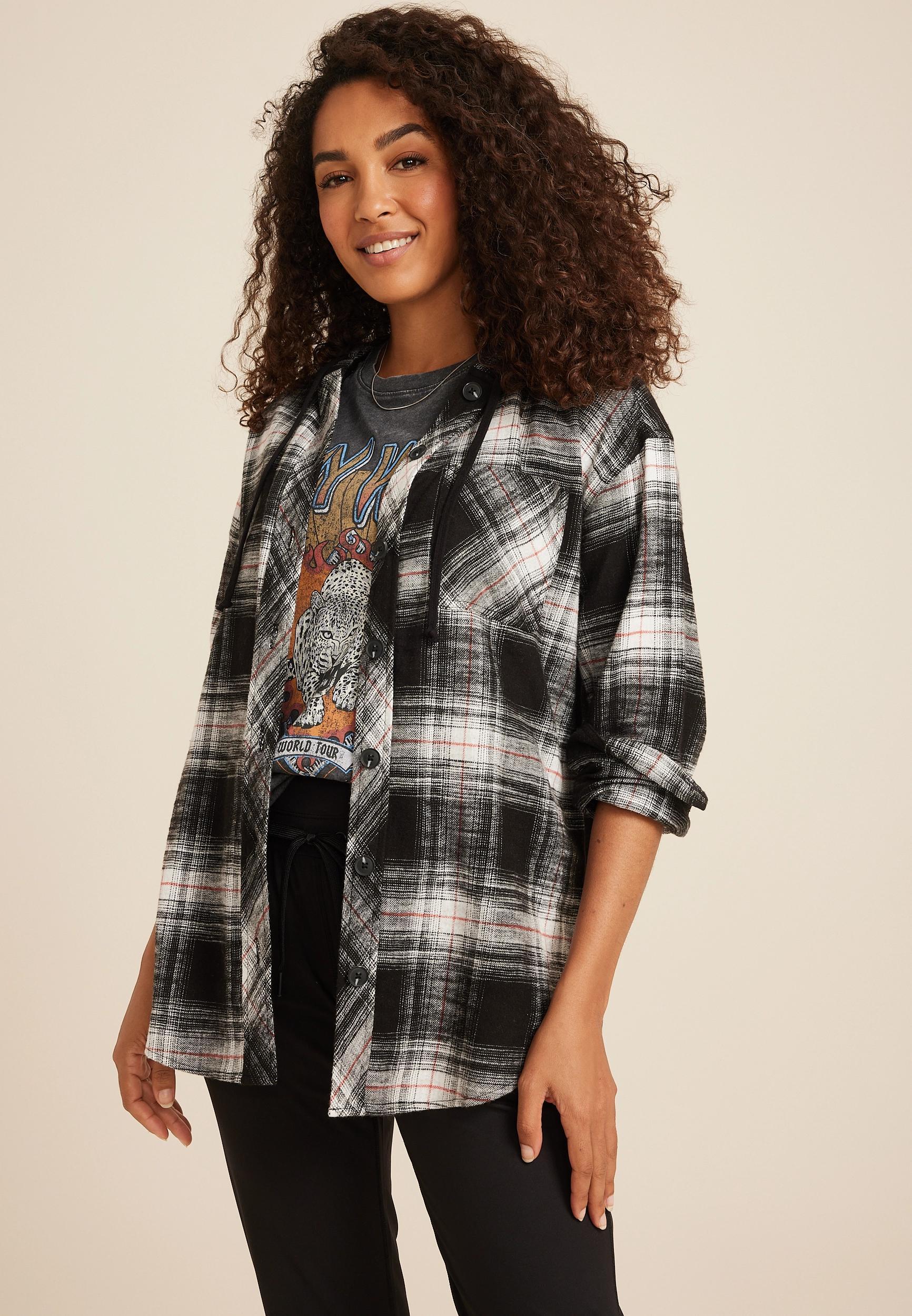 Cabin Plaid Boyfriend Hooded Button Down Shirt Product Image