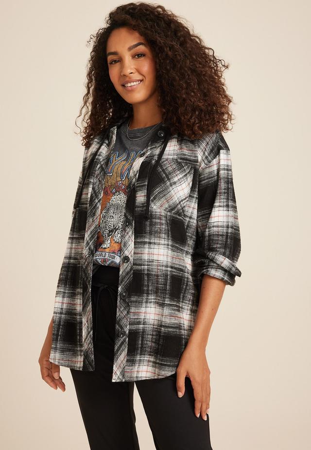 Cabin Black Plaid Boyfriend Hooded Button Down Shirt Product Image