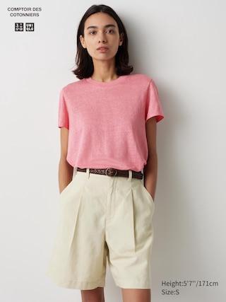 Womens Linen Crew Neck Short Sleeve T-Shirt Pink 2XL UNIQLO US Product Image