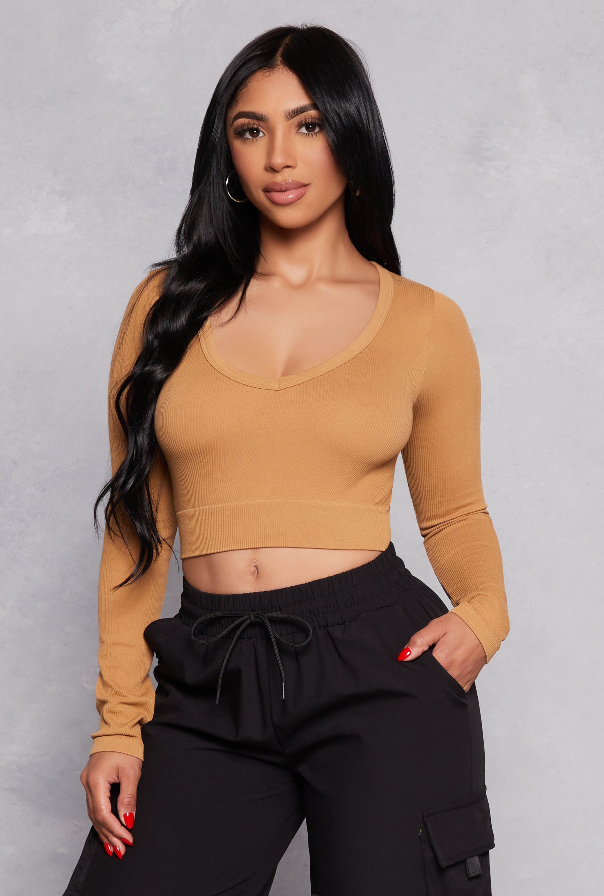 Womens Seamless Ribbed Knit Long Sleeve Crop Top Product Image