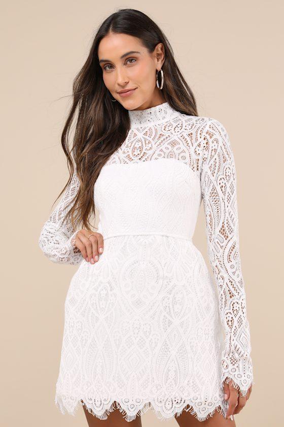 Gorgeous Attraction White Lace Structured Long Sleeve Mini Dress Product Image