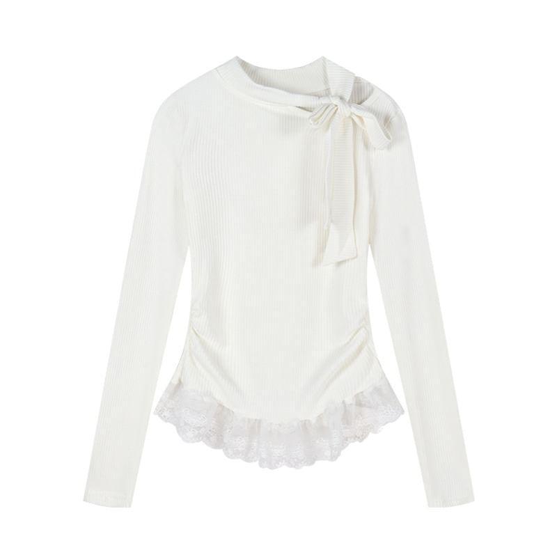 Long Sleeve Bow Accent Lace Panel Ribbed-Knit Slim-Fit Top Product Image