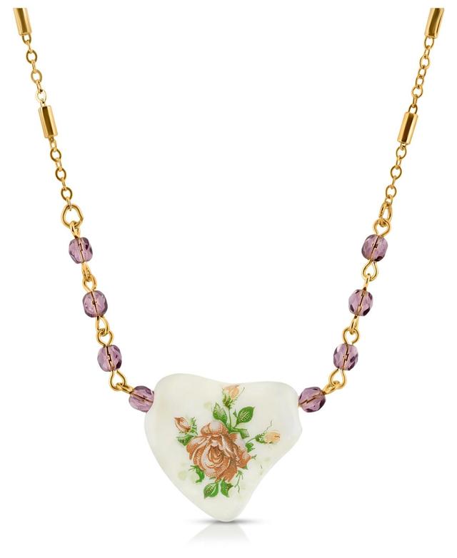 1928 Gold-Tone Purple Beaded White Heart With Pink Floral Decal Necklace, Womens Product Image