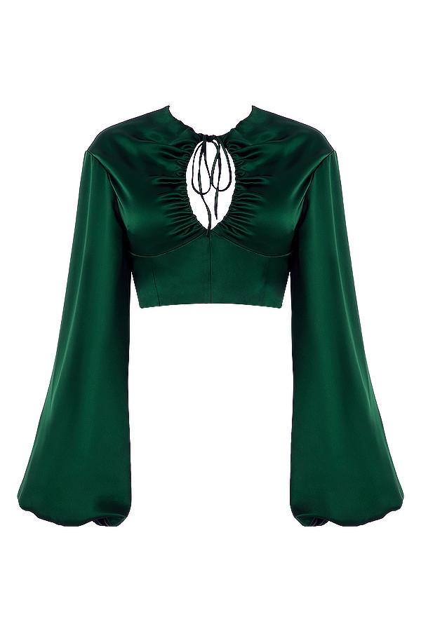 Vandra Emerald Green Satin Balloon Sleeve Top Product Image