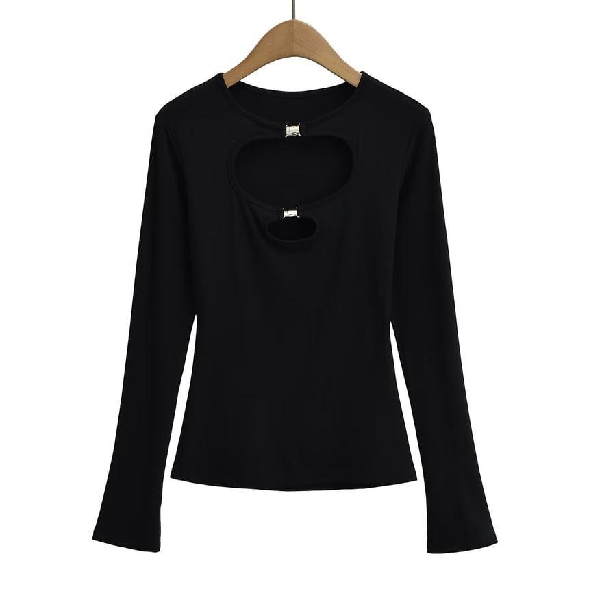 Long Sleeve Crew Neck Plain Hollow Out Tee Product Image