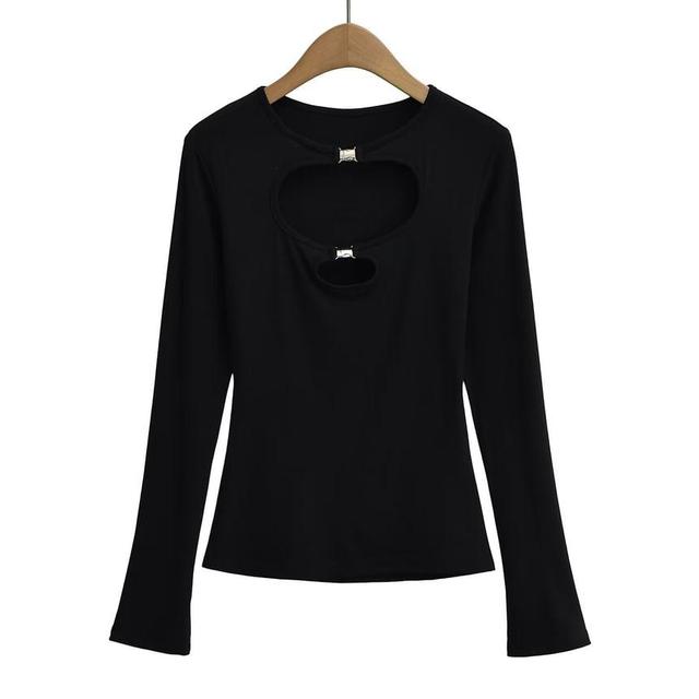 Long Sleeve Crew Neck Plain Hollow Out Tee Product Image