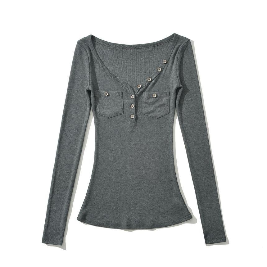 Long Sleeve V-Neck Plain Henley Ribbed Knit Top Product Image