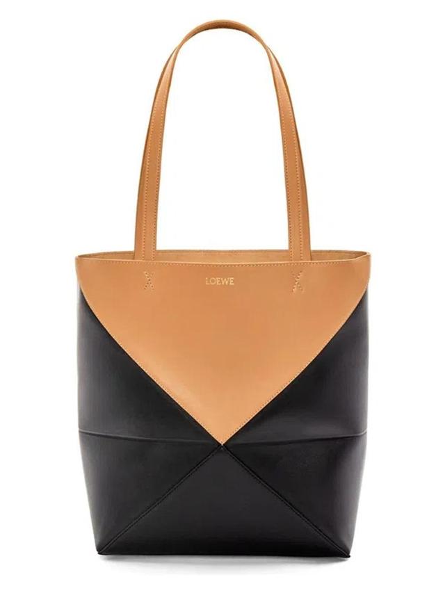 LOEWE Puzzle Fold Medium Tote Bag In Shiny Bicolor Leather In Wdesrtblck Product Image