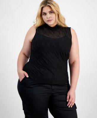 Trendy Plus Size Textured Mesh-Overlay Tank Top, Created for Macy's Product Image