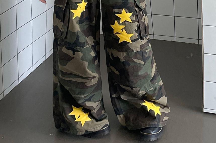 Mid Rise Camo Print Star Applique Wide Leg Cargo Jeans Product Image