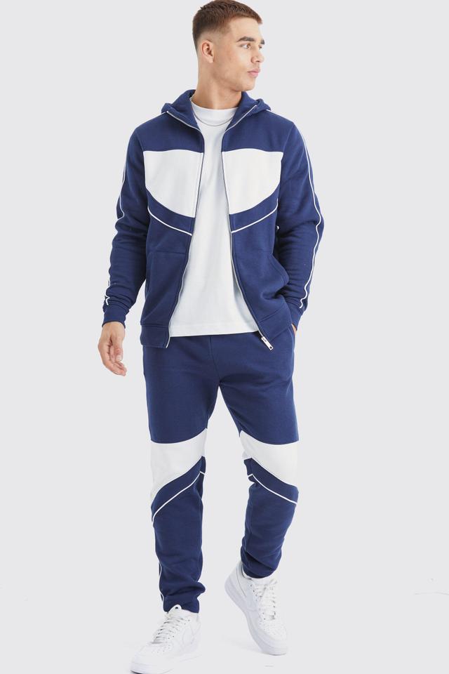 Mens Navy Slim Colour Block Funnel Neck Hooded Tracksuit, Navy Product Image