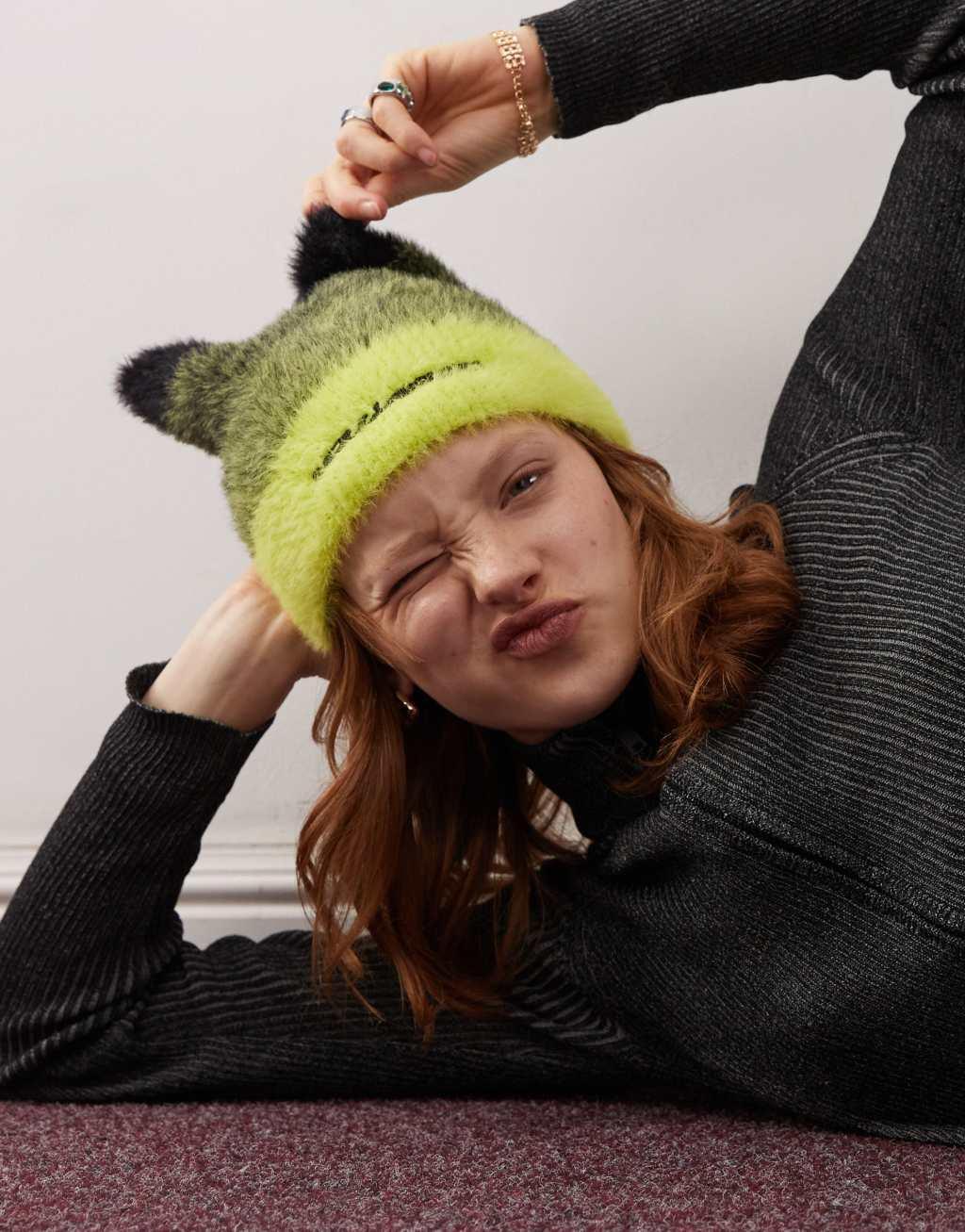 COLLUSION ombre fluffy knit beanie with ears in neon yellow Product Image