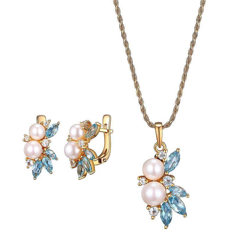 18k Gold Over Silver Freshwater Cultured Pearl, Lab-Created Blue Spinel & Lab-Created White Sapphire Pendant & Earring Set, Womens Product Image