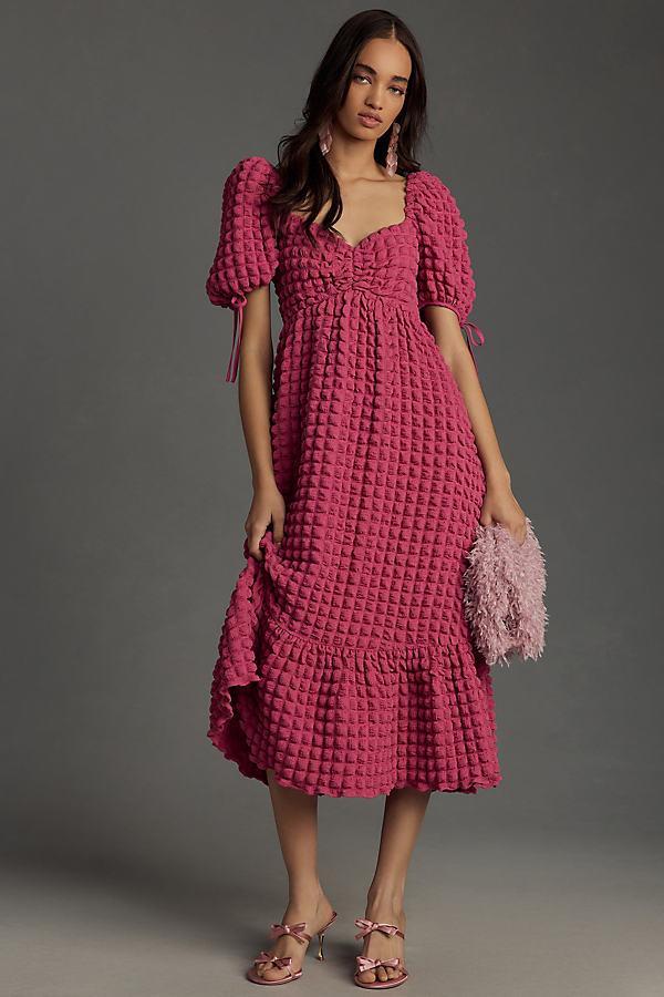 Puff-Sleeve Sweetheart Textured Midi Dress Product Image