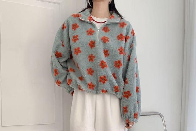 Long-Sleeve Floral Fleece Loose-Fit Sweatshirt Product Image