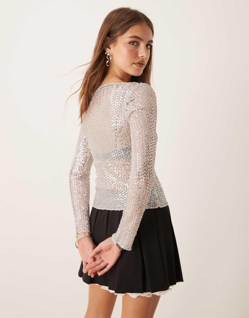 Gina Tricot sequin sheer long sleeve top with boat neck in silver Product Image