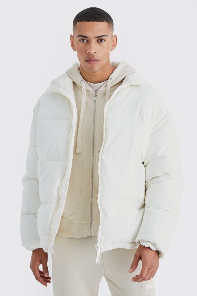 Mens Cream Oversized Peached Nylon Embroidered Puffer, Cream Product Image