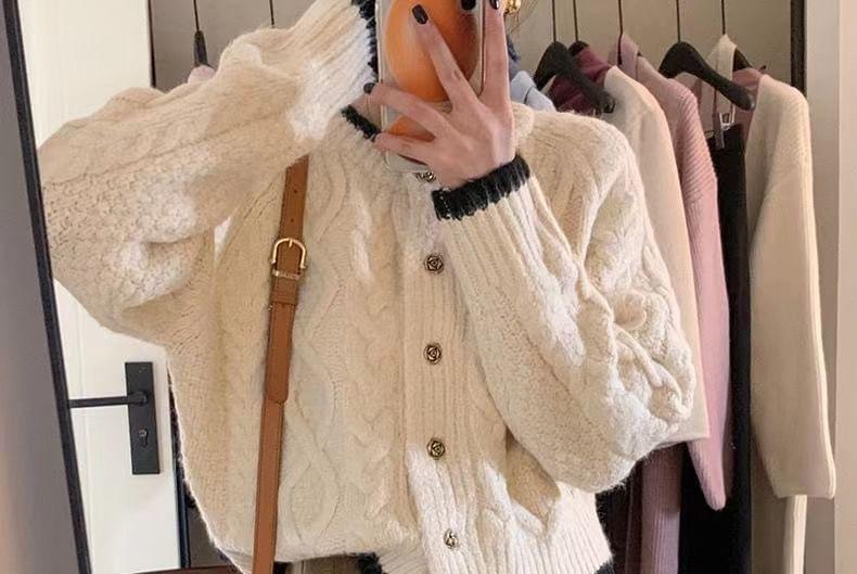 Crew Neck Contrast Trim Cable Knit Button-Up Cardigan Product Image