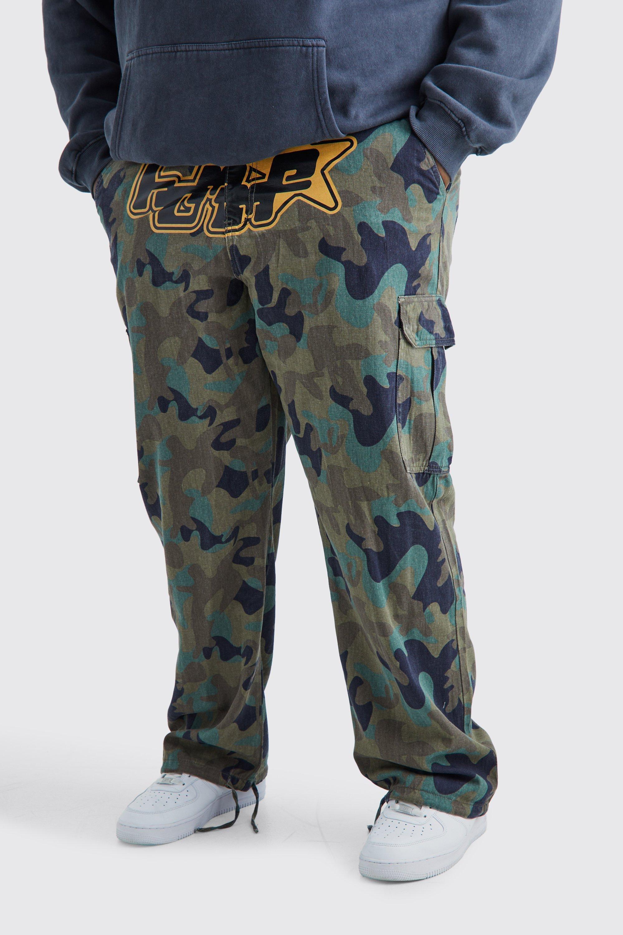 Plus Relaxed Crotch Print Tie Hem Camo Cargo Pants | boohooMAN USA Product Image