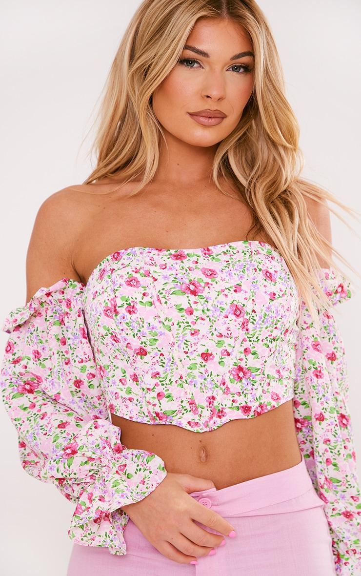 Pink Floral Boned Bardot Crop Top Product Image