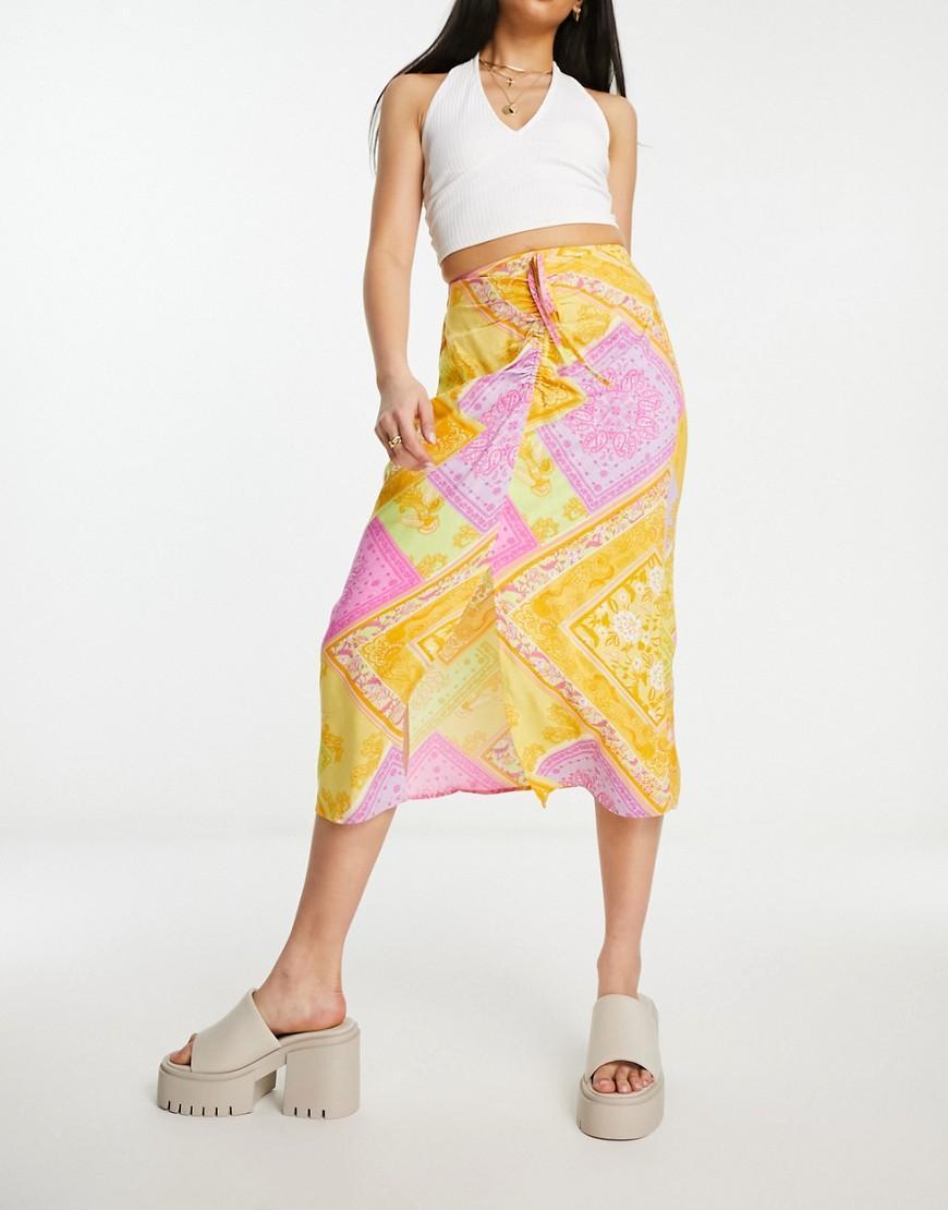 Miss Selfridge ruched front midi skirt in patchwork scarf print  Product Image