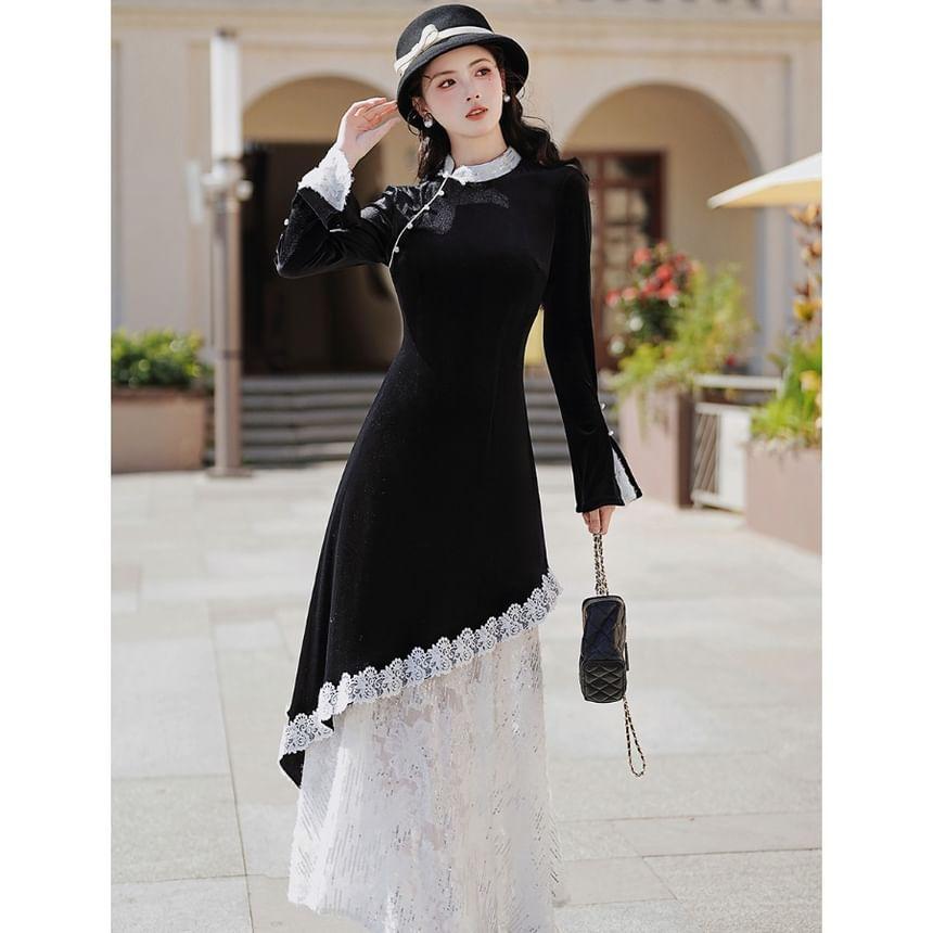 Long-Sleeve Stand Collar Asymmetrical Lace Panel Velvet Maxi A-Line Dress Product Image