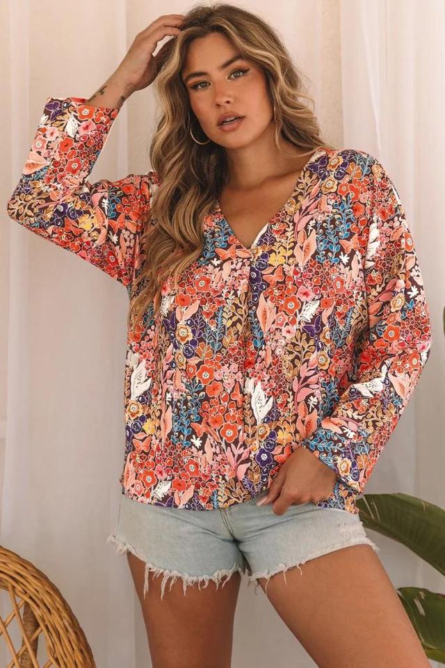 Olivia Mark – Bohemian Floral Long Sleeve V-Neck Blouse Product Image