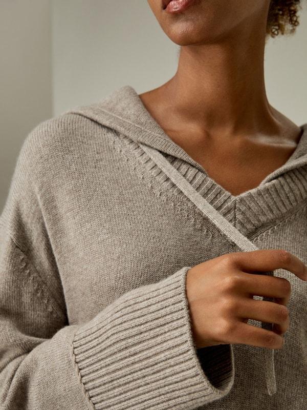 V Neck Wool-Cashmere Blend Hoodie Product Image