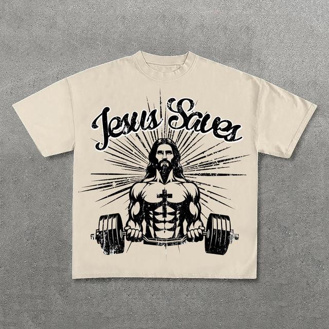 Jesus Saves Jesus Power Fitness Print Cotton T-Shirt Product Image