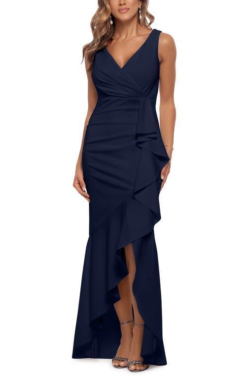 Betsy  Adam Sleeveless V-Neck Spiral Ruffle Cascade Gown Product Image