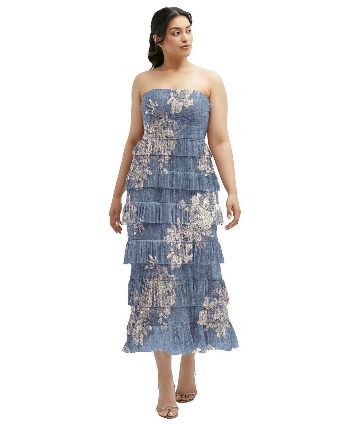 Womens Ruffle Tiered Skirt Metallic Pleated Strapless Midi Dress with Floral Gold Foil Print Product Image