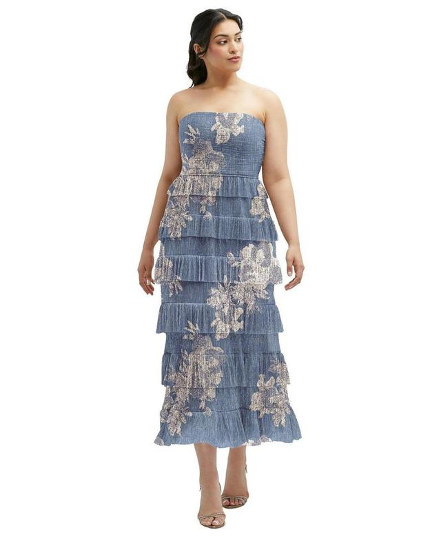 Women's Ruffle Tiered Skirt Metallic Pleated Strapless Midi Dress with Floral Gold Foil Print Product Image