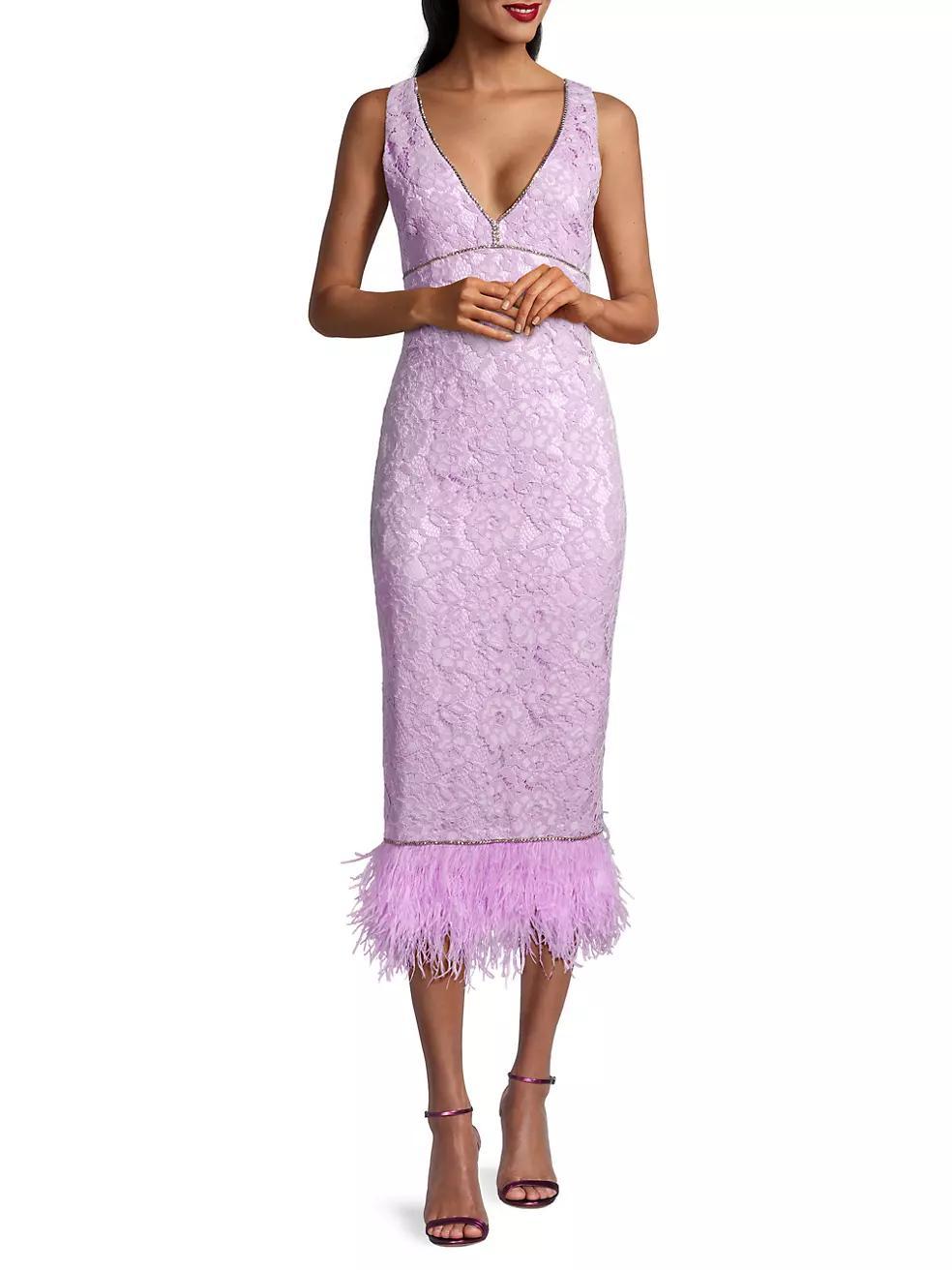 Marino Floral Lace Feather-Trimmed Midi-Dress Product Image