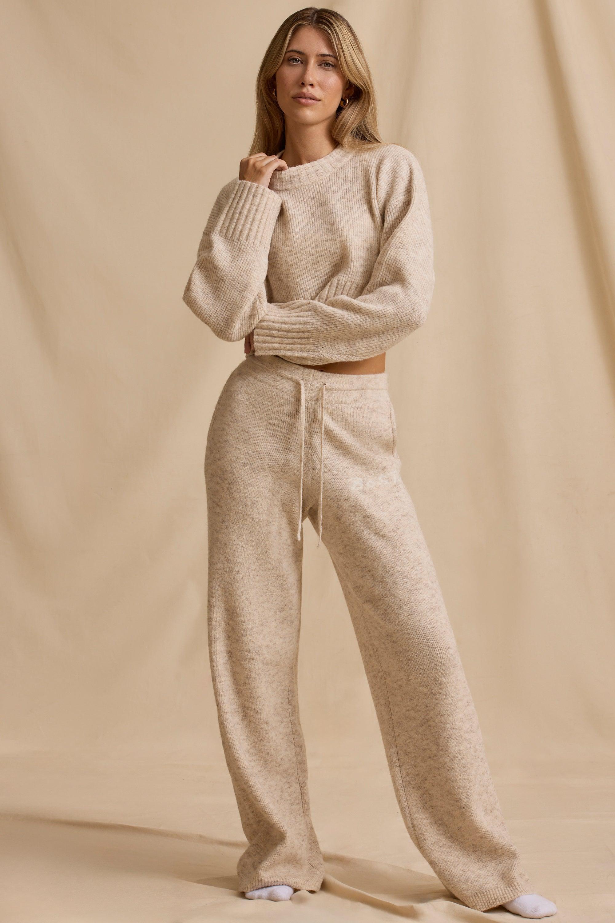 Petite Mid-Rise Wide-Leg Joggers in Cream Marl Product Image