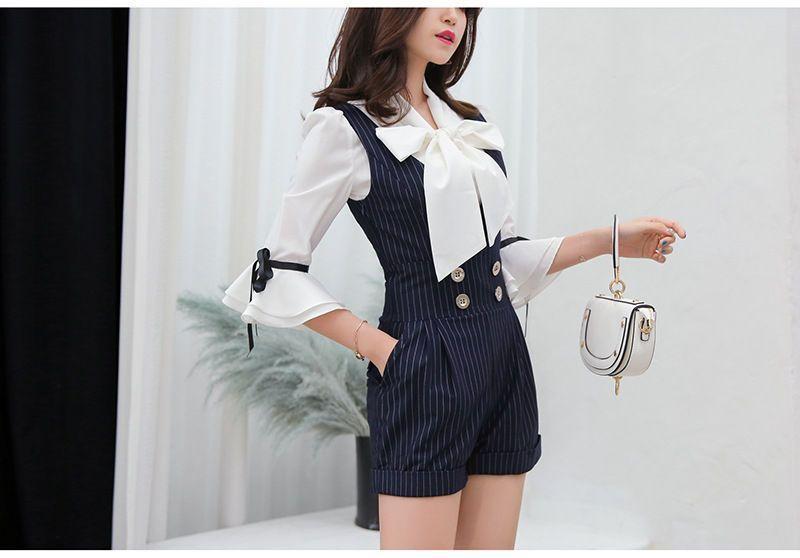 Tie-Neck Blouse/ Pinstripe Sleeveless Playsuit Product Image