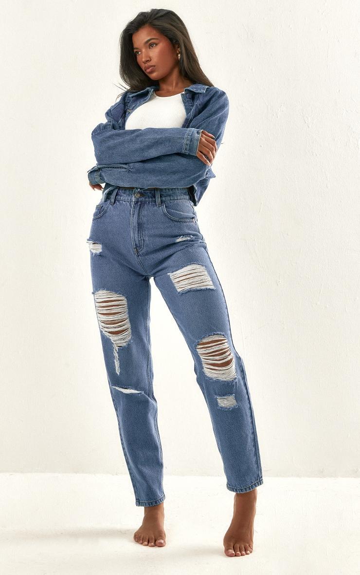 PRETTYLITTLETHING Mid Blue Wash Distressed Mom Jeans product image